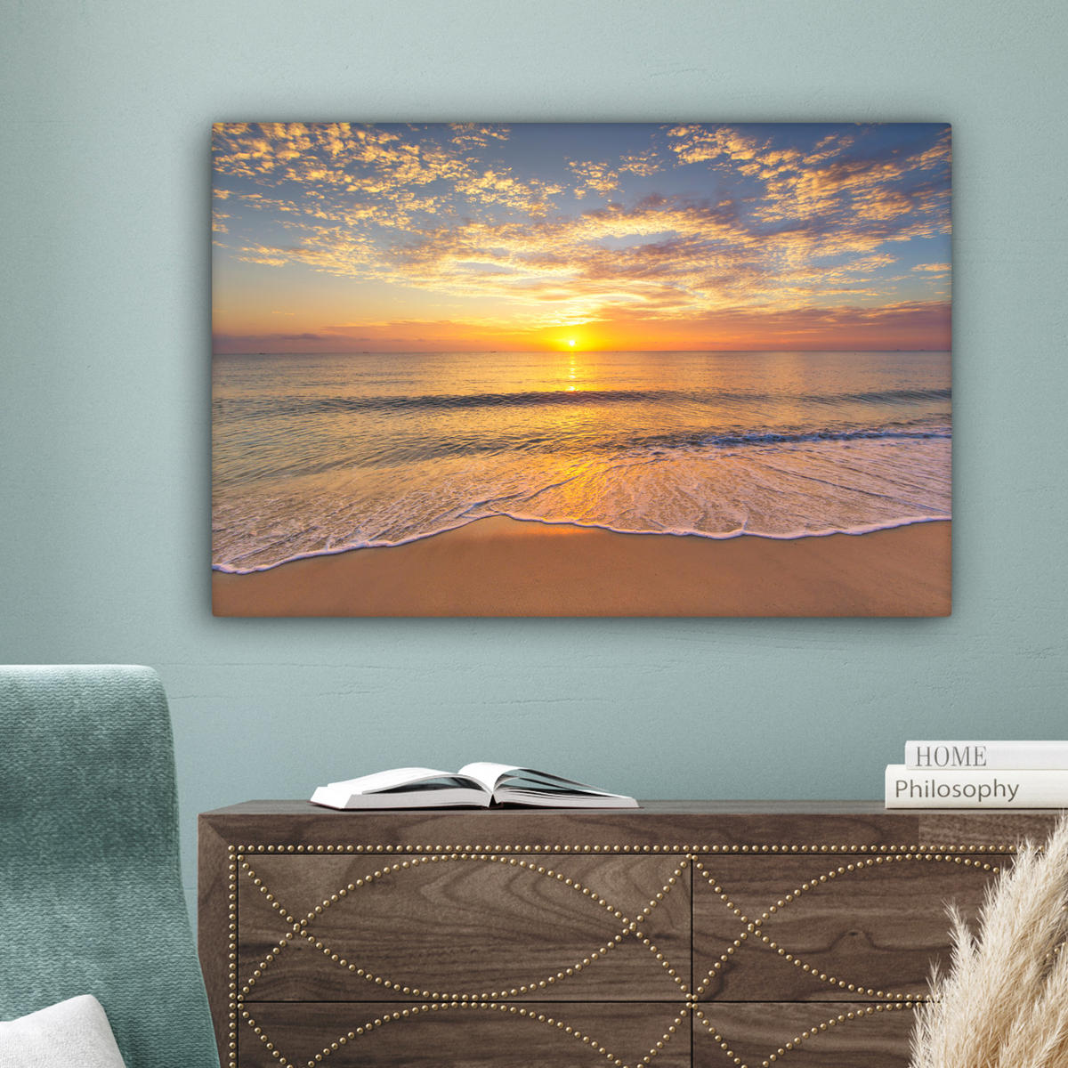 LEINWANDBILD Strand - Sonnenuntergang - Meer Wanddeko 90x60 cm - Gelb, Textil (90/60cm) - MuchoWow