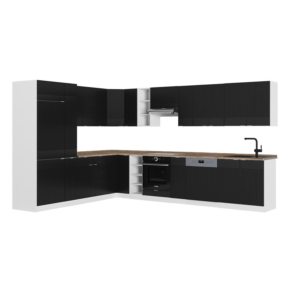 ROHOVÁ KUCHYNĚ Fame-Line, černé pruhy/bílá, 347 x 257 cm, dub AP - černá, kompozitní dřevo (347/81.6/60cm) - Vicco