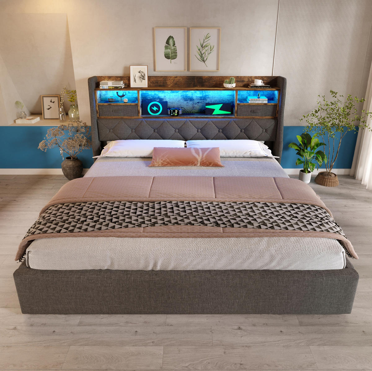 ČALÚNENÁ posteľ z ľanovej látky 160x200 cm sivá s LED osvetlením, USB/Type-C a hydraulickým úložným priestorom - sivá, textil (160/200cm) - Modfu