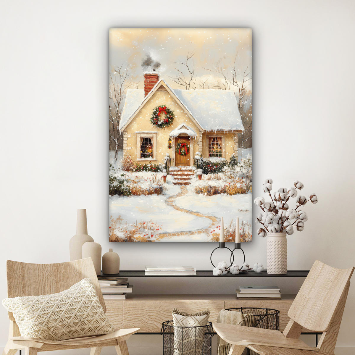 LEINWANDBILD Weihnachten - Zuhause - Winter - Schnee Deko Groß 90x140 cm - Creme, Textil (90/140cm) - MuchoWow