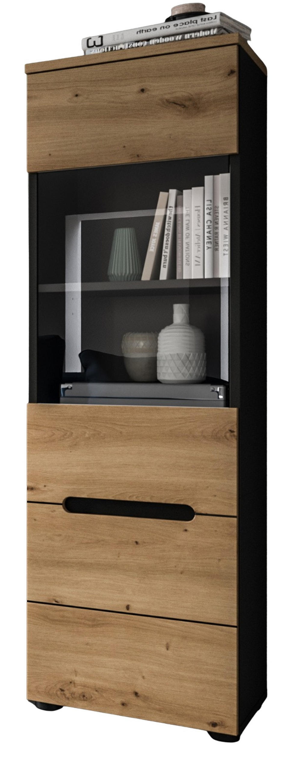 VITRINE Eiche Artisan, grau, Vitrinenschrank hängend / stehend 36 cm, Soft-Close - Schwarz/Eiche Artisan, Glas/Holzwerkstoff (36/125/33cm) - Inn.Furn