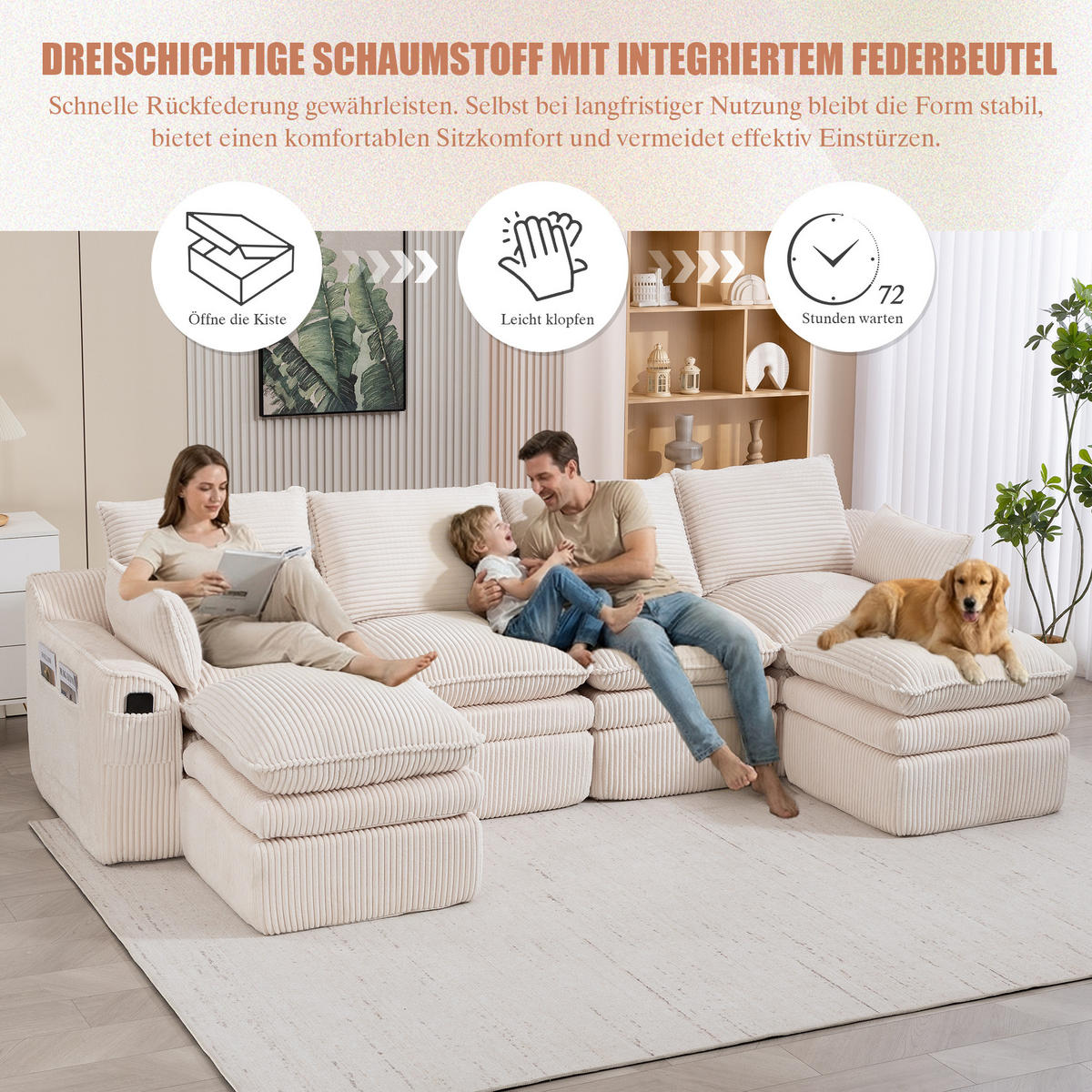 WOHNLANDSCHAFT Cord Beige mit Kissen, Hocker und Seitentaschen - Beige, Textil (335/85/167cm) - WISHDOR