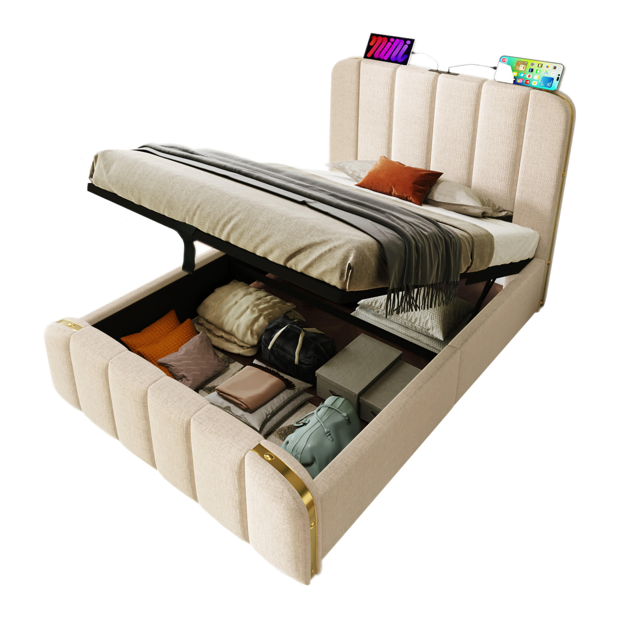 POLSTERBETT 90/200 cm Beige aus Leinen mit Stauraum und USB- und Type-C-Anschlüssen - Beige, Textil (90/200cm) - Flora Grace