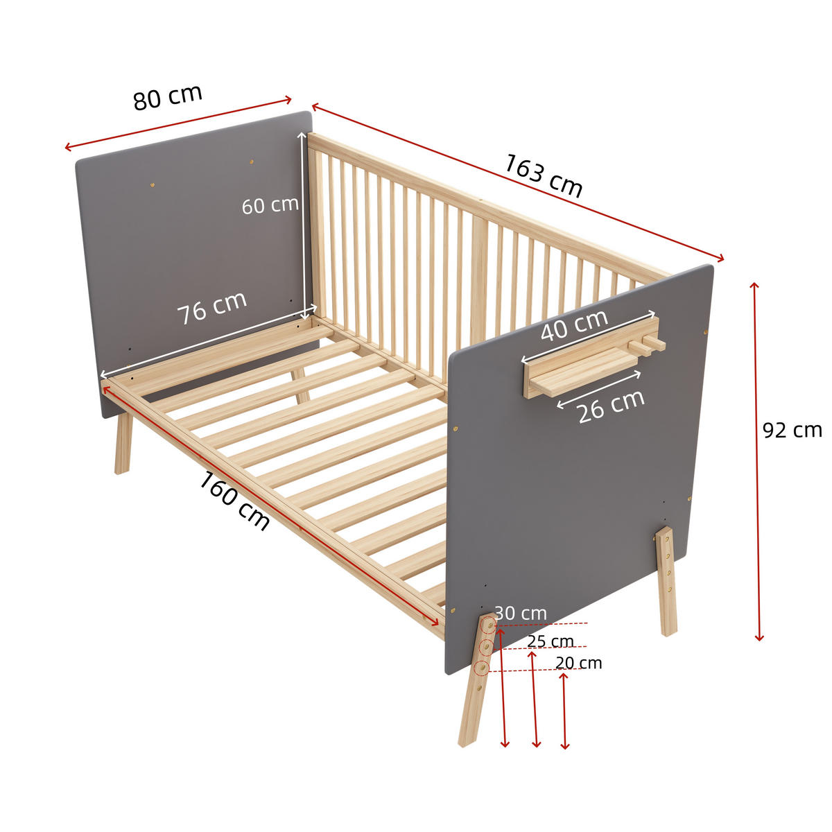 BABYBETT 163x80x92cm Blaugrau + Natur Massivholz 3-Stufen Höhenverstellung - Blau, Holz - FLIEKS