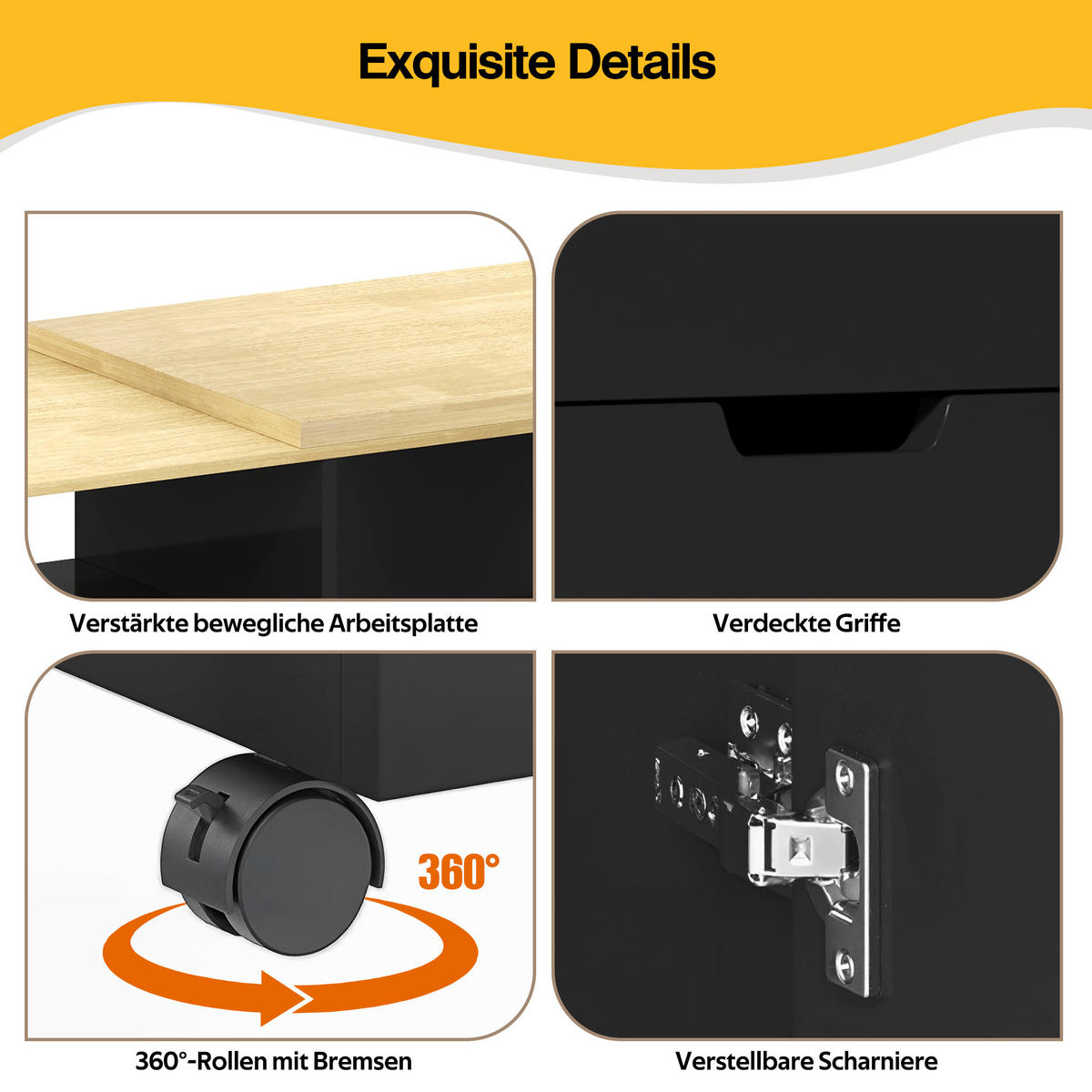 KÜCHENINSEL 115x50x92cm Schwarz mit drehbarer Ausziehplatte & Gewürzregal - Schwarz, Holzwerkstoff (115/92/50cm) - Modfu