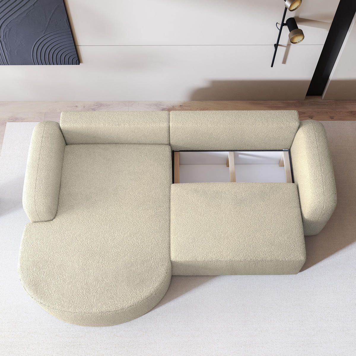 ECKSOFA AMILIA L-S Creme Boucle-Stoff mit Schlaffunktion - Creme, Holz (263/174cm) - MASSENO