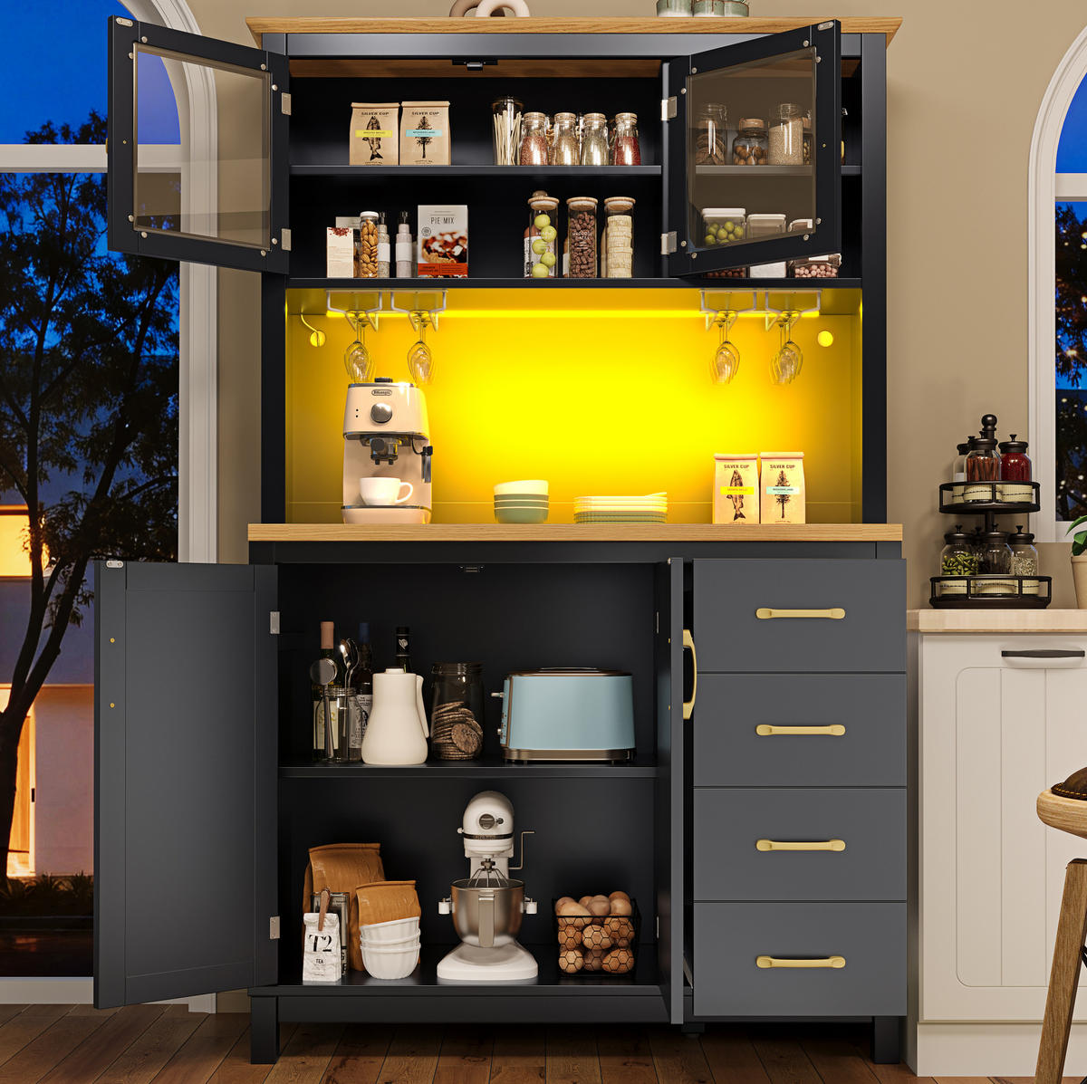 BUFFETSCHRANK 105,5/40/180 cm mit LED-Lichtleiste, viel Stauraum und Anti-Kipp-Sicherung, Schwarz - Schwarz, Holzwerkstoff (105.5/180/40cm) - Redom