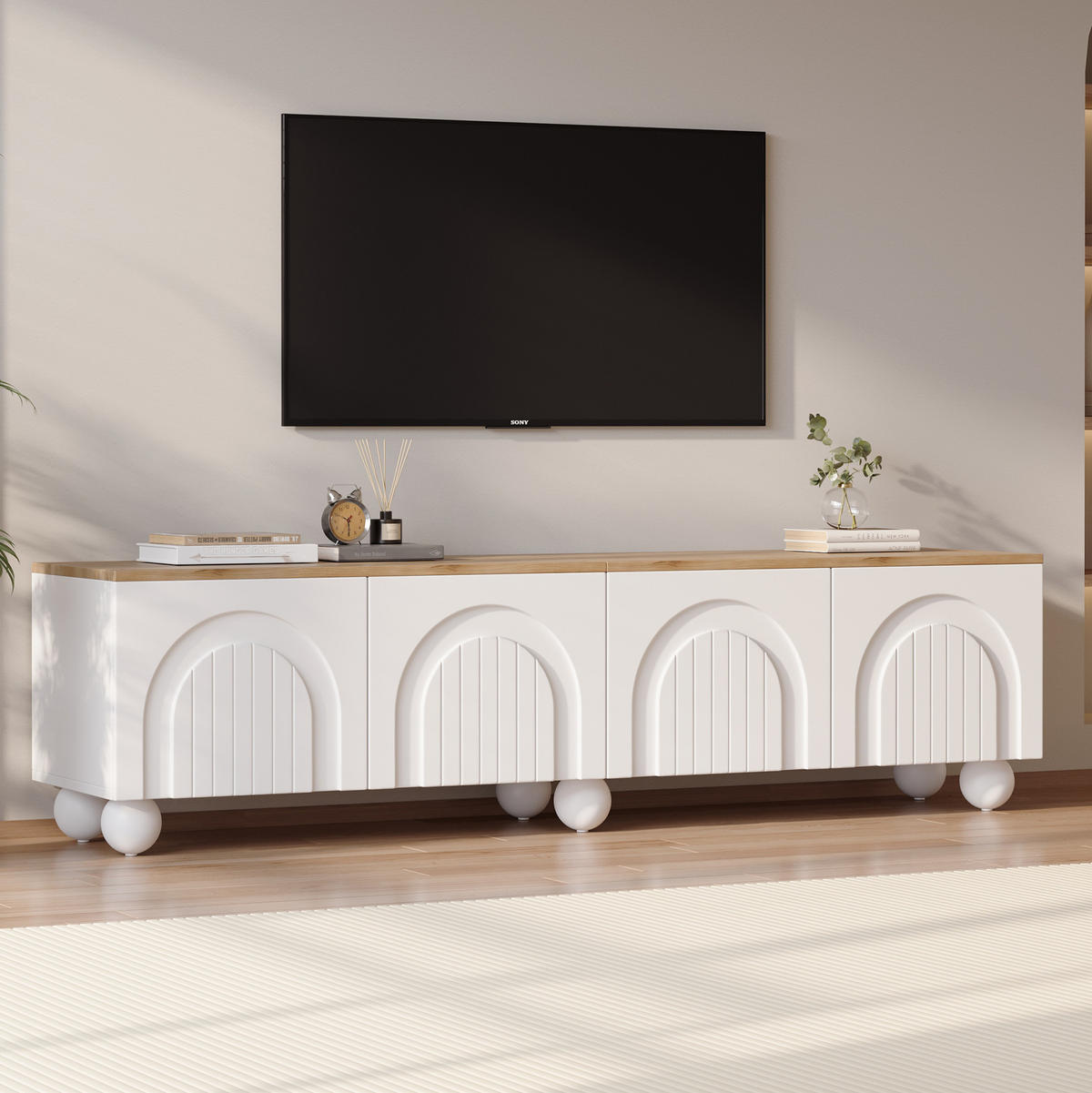 LOWBOARD 180/40/45 cm in Weiß und Holzoptik aus MDF mit 4 Türen - Weiß, Holzwerkstoff (40/45/180cm) - OKMYHOME