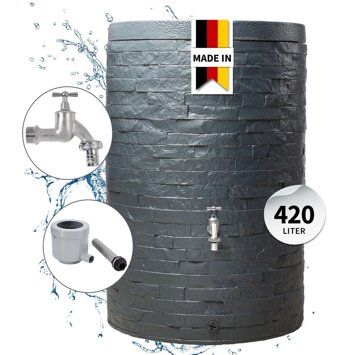 REGENTONNEN Komplett-Set 420 L graphite grey inkl. Chrom-Auslaufhahn und Fallrohranschluss - Grau, Kunststoff (79/104/79cm) - GARANTIA