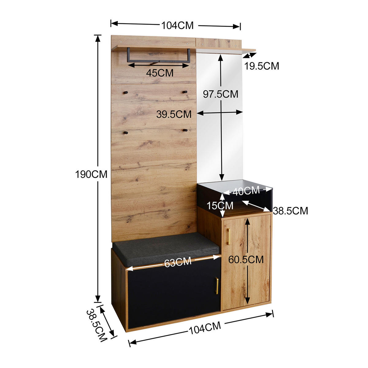 GARDEROBEN-SET mit 4 Kleiderhaken, Spiegel, Schuhschrank, Flurbank - Schwarz, Holz (38.5/190/104cm) - Meubles Cosy