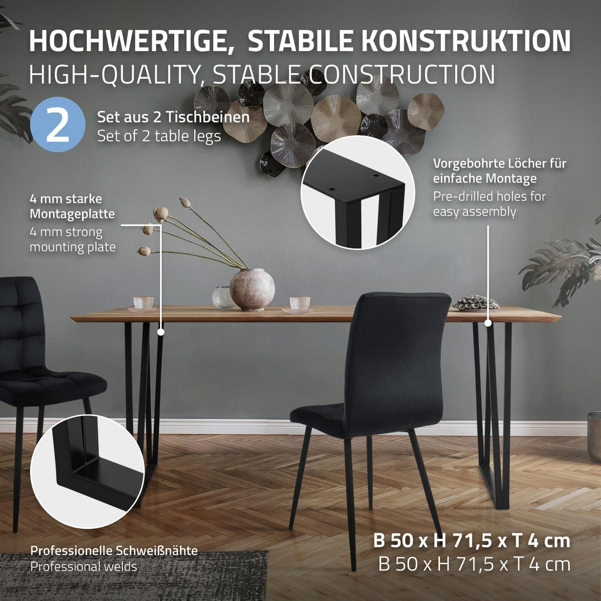 TISCHBEINE 2er Set 50xH71,5 cm Schwarz - Schwarz, Metall (50/8/71.5cm) - ML-DESIGN