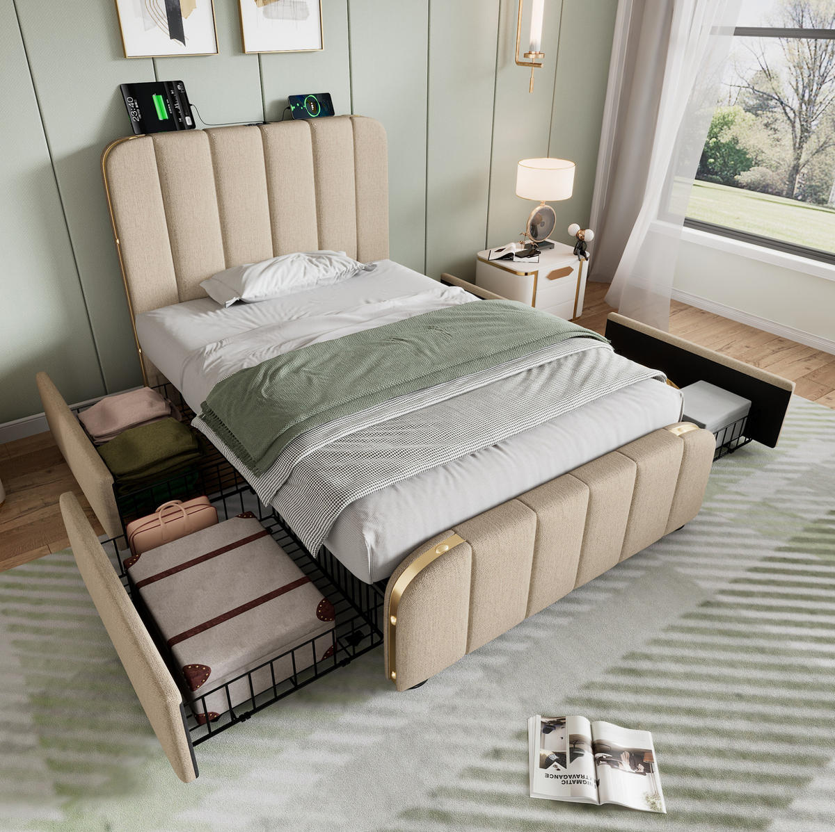 POLSTERBETT 90/200 cm Beige aus Leinen mit 4 Schubladen - Beige, Textil (90/200cm) - OKMYHOME