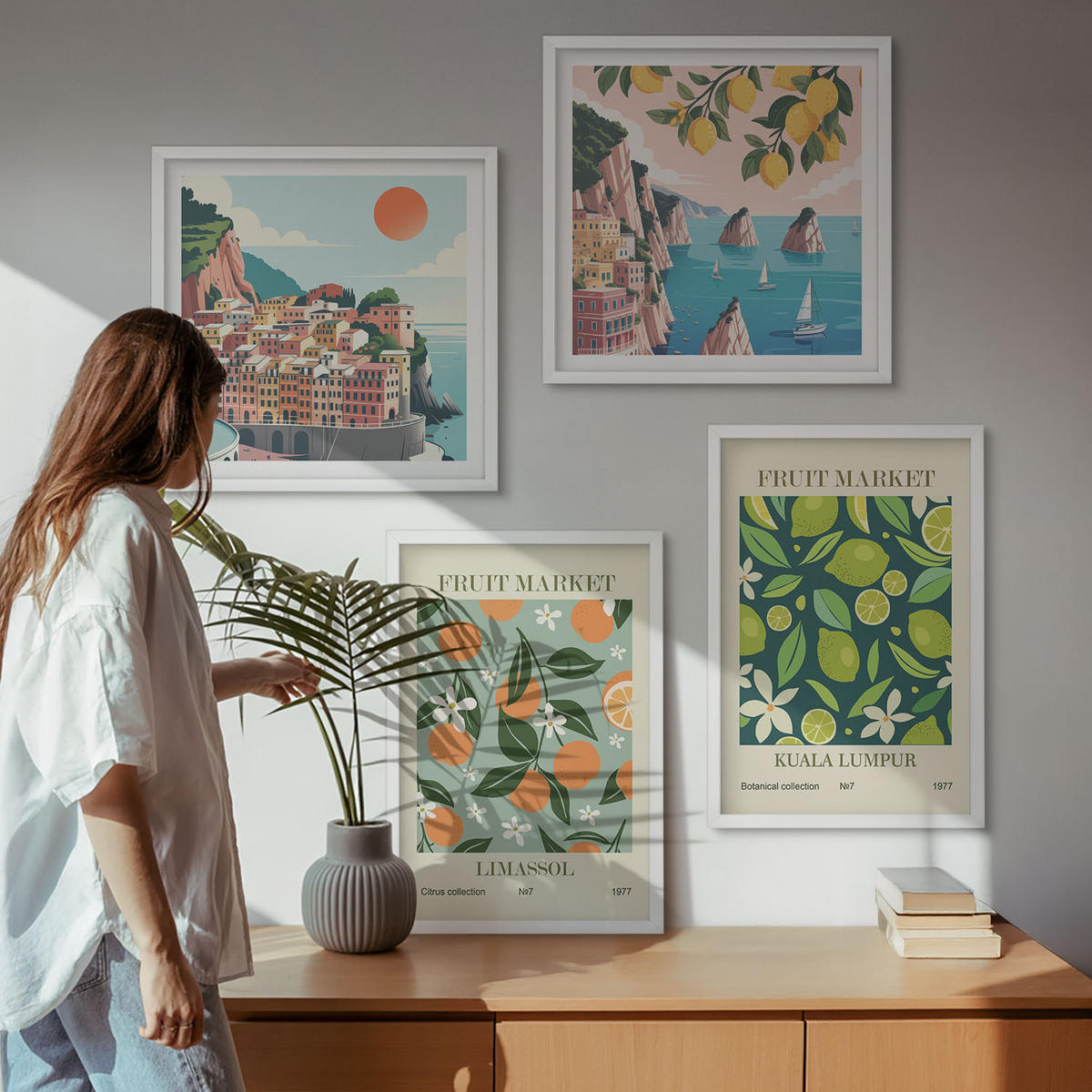 BILDER SET 4er Set - 50x50 cm & 40x60 cm Weißer Rahmen - Vintage-Poster mit Fruchtmustern - Weiß, Kunststoff (50/50cm) - TULUP