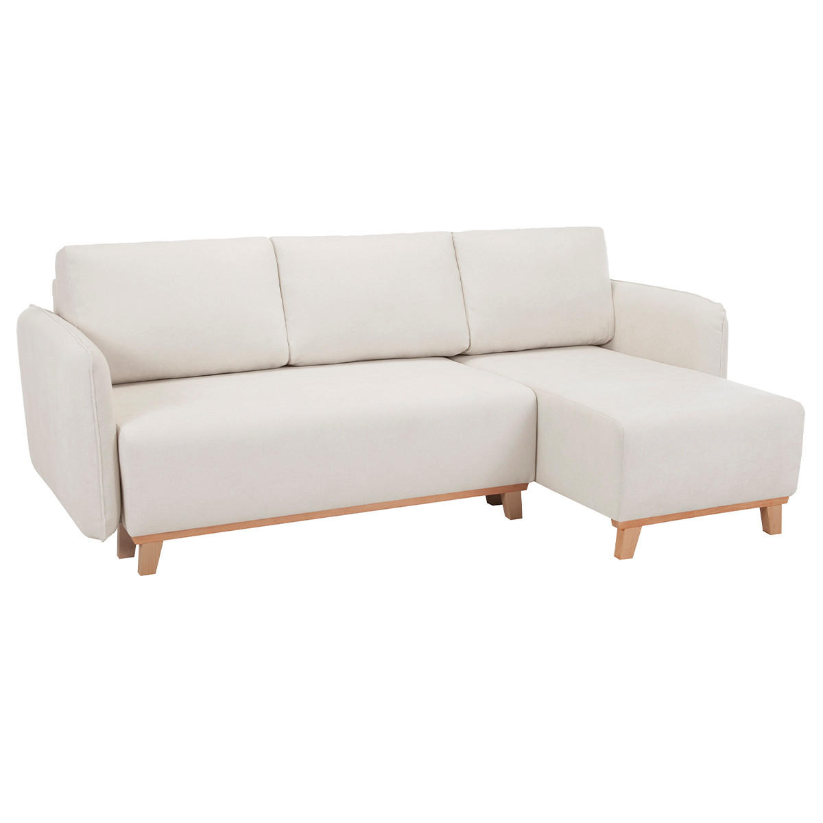 SCHLAF-ECKSOFA Beiger Stoff Velours-Effekt Helles Holz 3-4 Sitzer ROMANE - Beige, Textil (148/231cm) - Miliboo