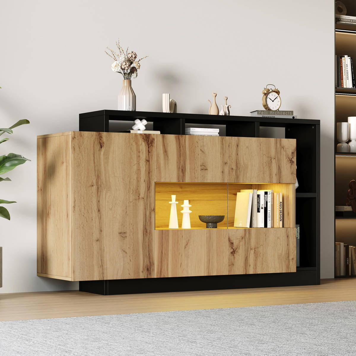 SIDEBOARD DE-37732 mit LED-Beleuchtung und verstellbaren Böden Holzfarbe/Schwarz - Schwarz/Naturfarben, Holzwerkstoff (140/93.5/44cm) - ComfortXL