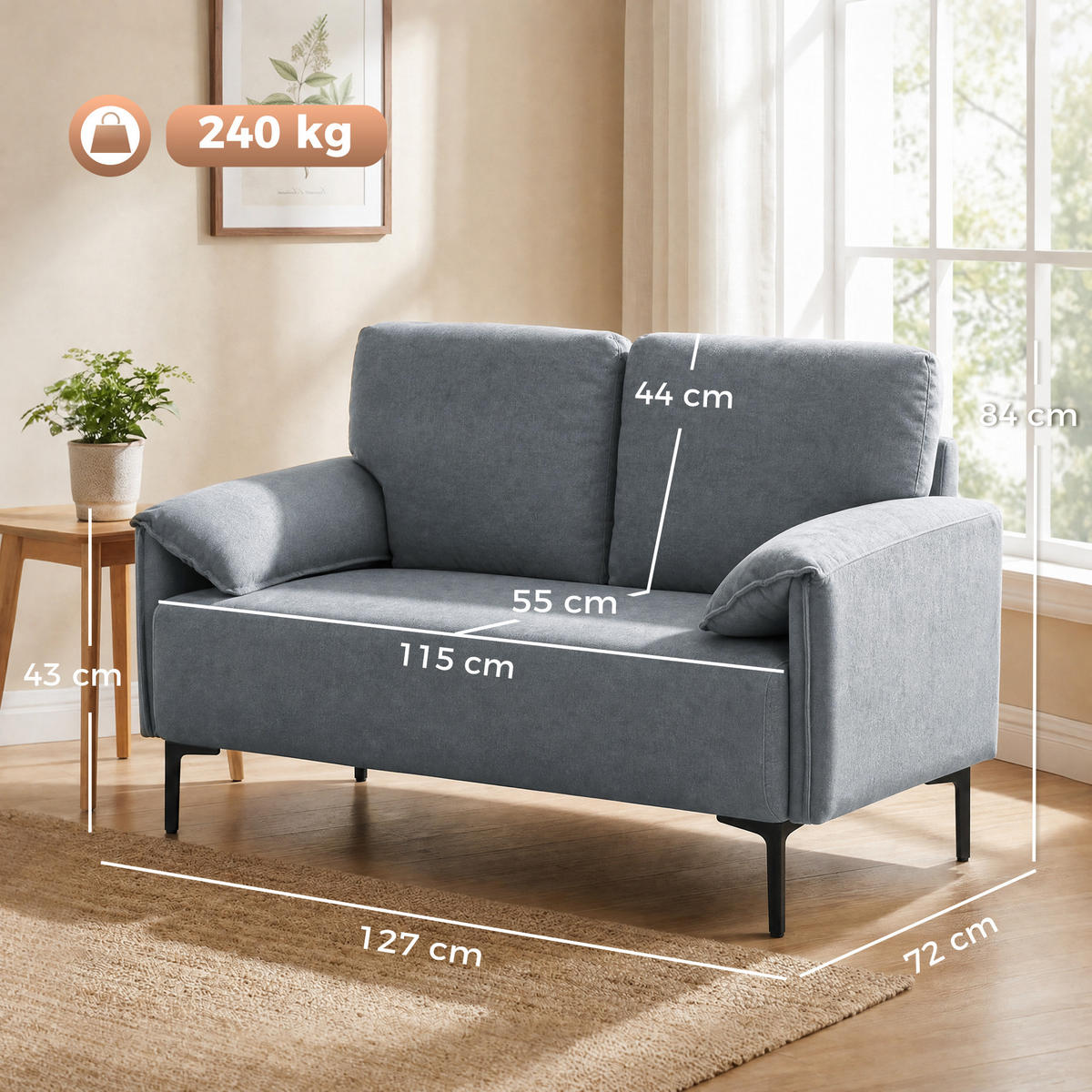 SOFA, 2-Sitzer, samtiger Bezug, dicke Kissen, schwarz - Multicolor, Holzwerkstoff (127/84/72cm) - FORIOUS