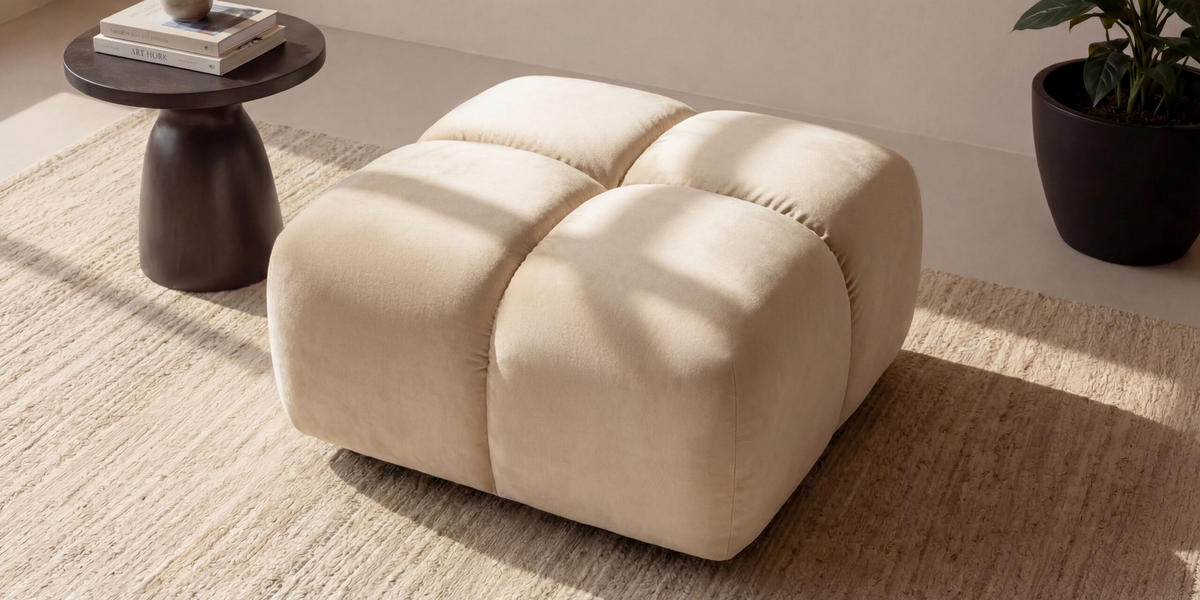 HOCKER, Pouf, Veloursstoff Bluvel, Creme, Averro - Creme, Holz (88/42/88cm) - Kaiser Möbel