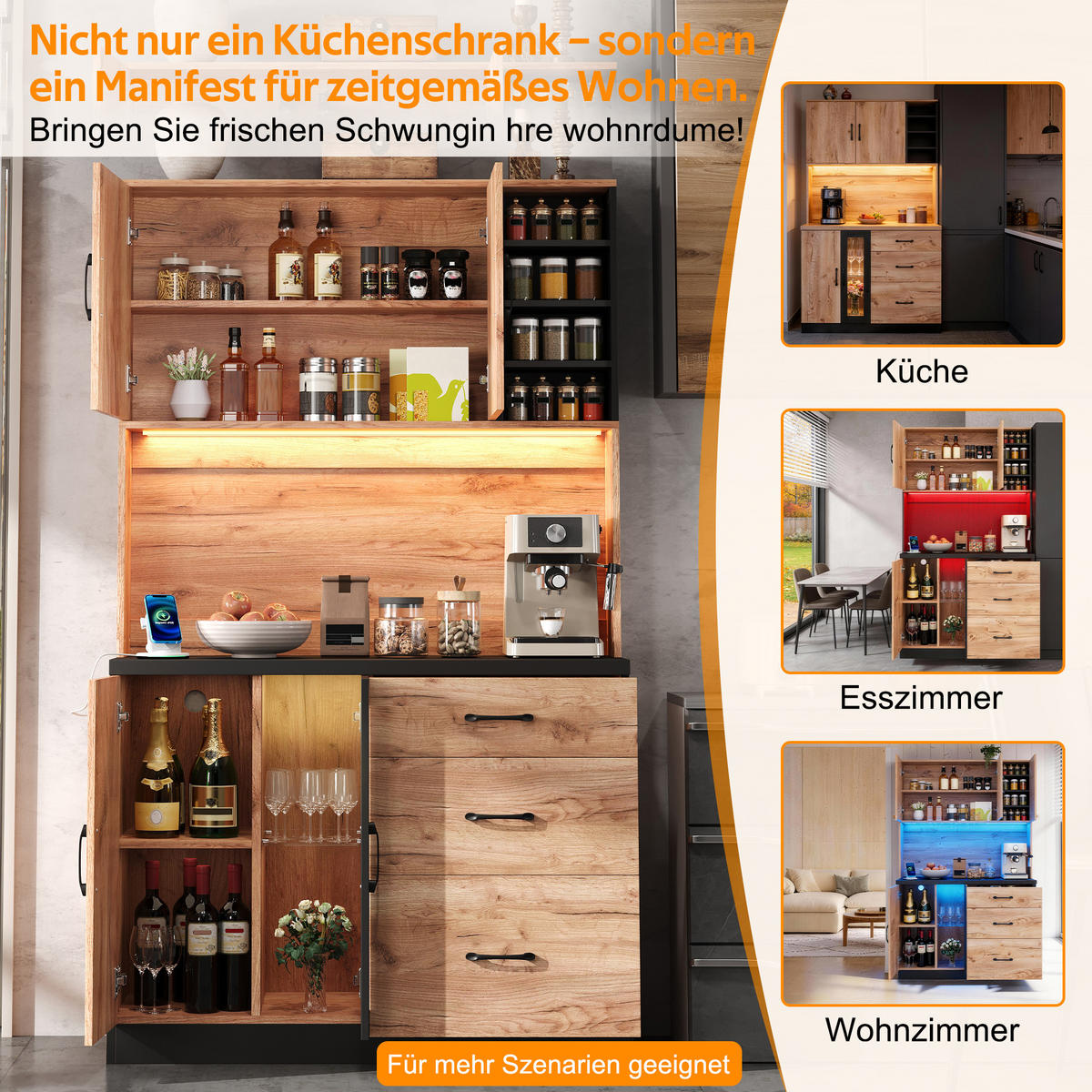 BUFFET 105/40/180 cm Neutral mit LED-Beleuchtung, verstellbaren Einlegeböden und 3 Schubladen - Naturfarben, Holz (105/180/40cm) - Oxeza
