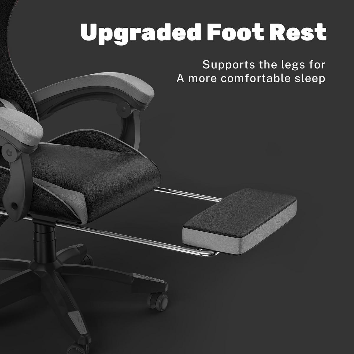 GAMING-STUHL höhenverstellbar, Fußstütze, Lendenkissen – Schwarz/Grau - Grau, Leder (50/134/50cm) - Rattantree