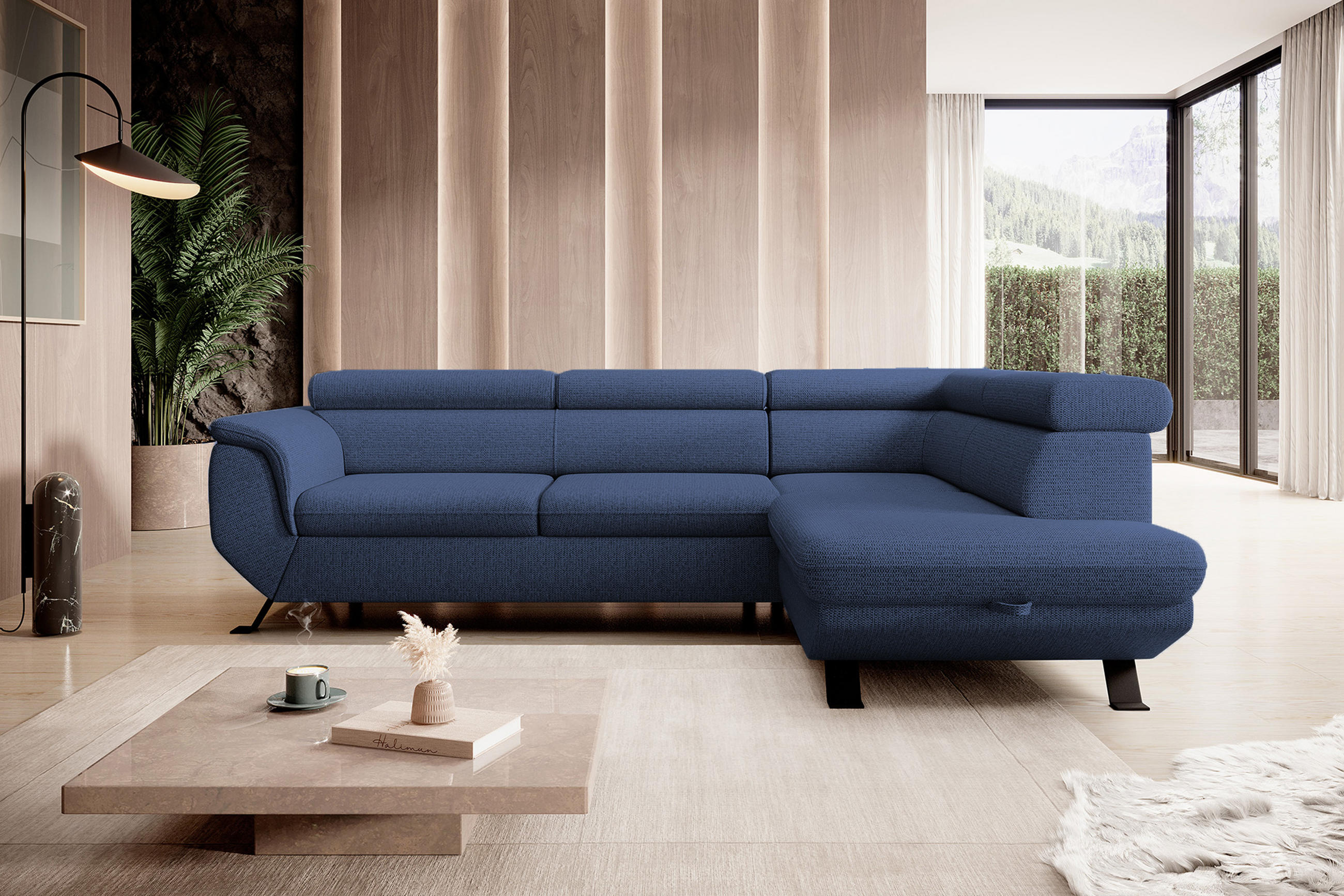 ECKSOFA Raven L mit Schlaffunktion und Bettkasten, Freistehend, Polstersofa mit Verstellbaren Kopfstützen, 257x198x96 cm – Rechte, Blau - Blau, Holz/Textil (256/198cm) - DomoHome