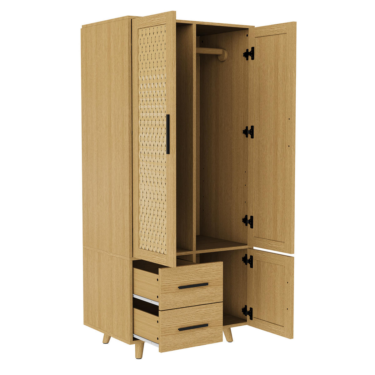 KLEIDERSCHRANK aus Rattan in Eichefarben, 2 Schubladen, integrierte Kleiderstange - Eichefarben, Holz (80/166/52cm) - EuroLiving