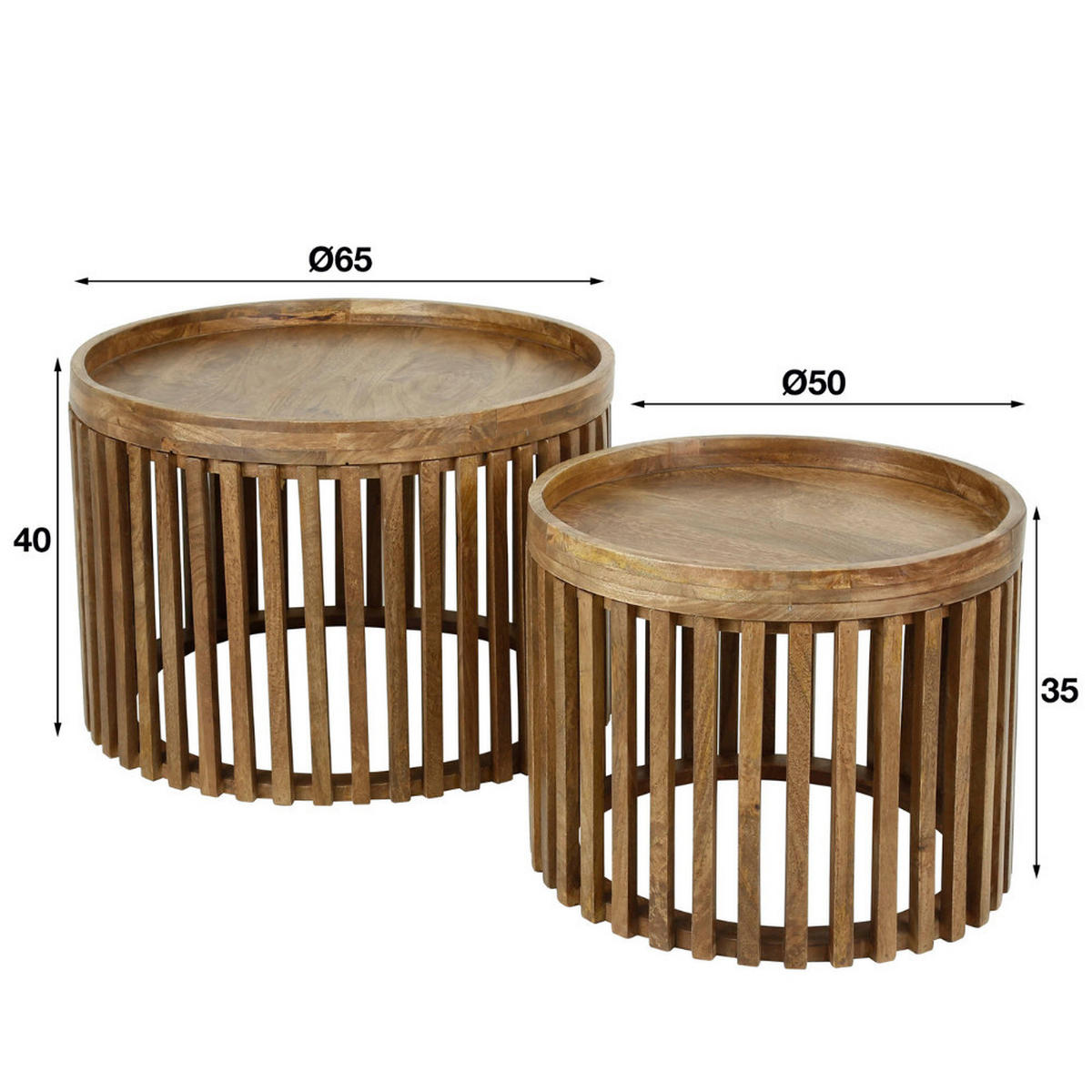 COUCHTISCH-SET MATTEO CESTA Runde Stauraum-Tische mit Tablett-Funktion - Sandfarben, Holz (65/65/40cm) - alesvelt