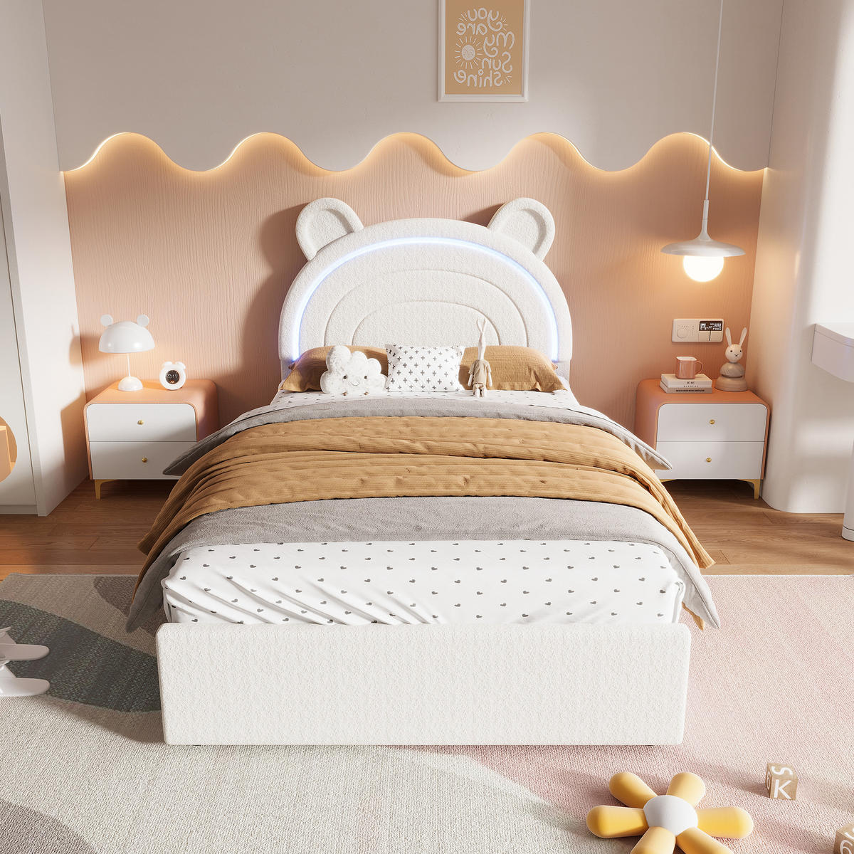 STAURAUMBETT 90/200 cm mit Bären-Kopfteil und 4 Schubladen, DE-41734, in Beige - Beige, Holzwerkstoff (90/200cm) - ComfortXL