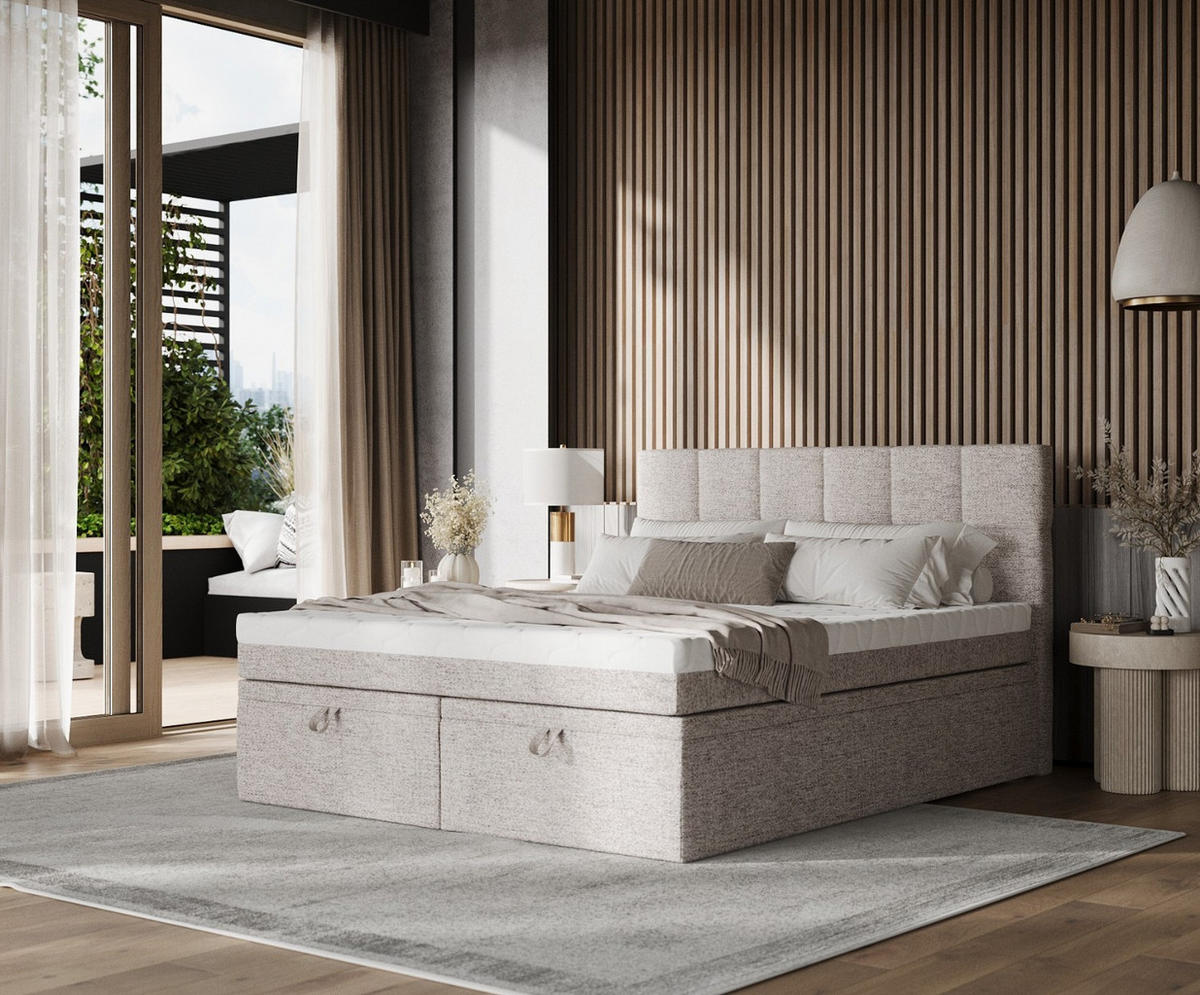 BOXBETT Elano 200/200 cm Beige im Neve Stoff - Beige/Schwarz, Holz/Holzwerkstoff (200/200cm) - AltaBeds