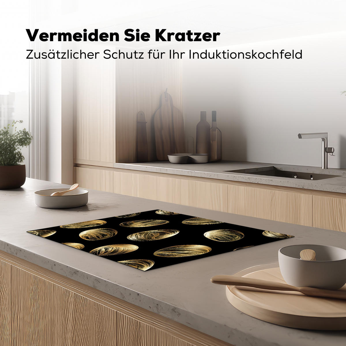 HERDABDECKPLATTE Eier - Gold - Muster Herdabdeckung Induktionsfeld 65x52 cm - Schwarz, Kunststoff (65/52/0.2cm) - MuchoWow