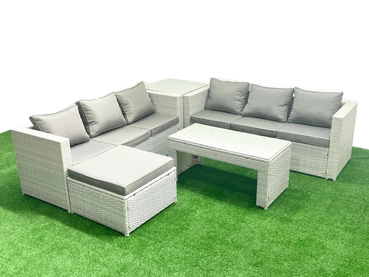 GARTENSOFA hohe Rückenlehne Polyrattan Hellgrau-Mix 7-Sitzer - Hellgrau/Grau, Glas/Kunststoff - Fimous