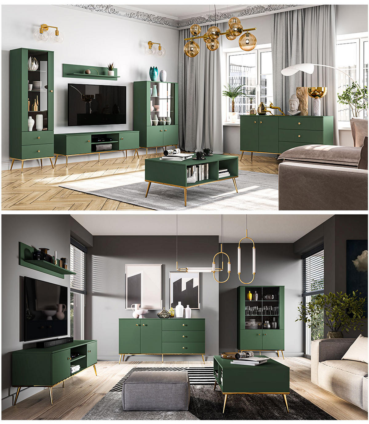 SIDEBOARD Forest dunkelgrün / gold 160 / 40 / 85cm - Grün, Holz/Holzwerkstoff (160/85/40cm) - Feldmann-Wohnen