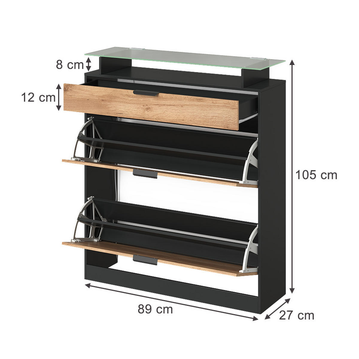 ORMARIĆ ZA CIPELE Alex, Hrast zlatnog tona/Antracit, 89 x 105 cm mit LED-Beleuchtung - hrast medunac/antracit, drvni materijal (89/105/27cm) - Vicco