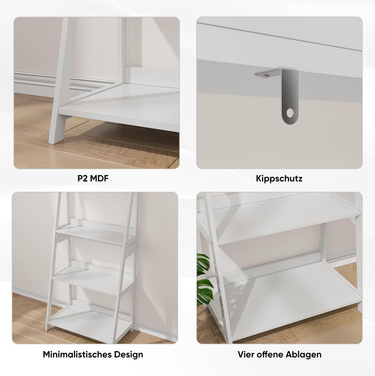 BÜCHERREGAL 63/39/150 cm mit 4 Ebenen, Leiterdesign, platzsparend und kippsicher, Weiß - Weiß, Holzwerkstoff (63/150/39cm) - Redom