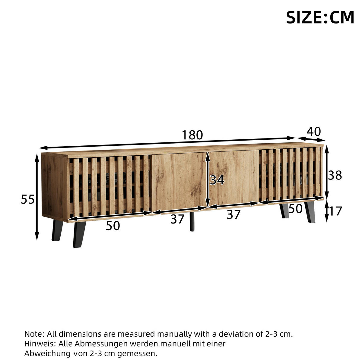 TV stolek a komoda 180/40/55 cm a 150/40/95 cm s otevřenými a uzavřenými přihrádkami, stabilní konstrukce, Přírodní dřevo - světle hnědá, kompozitní dřevo (180/55/40cm) - Redom