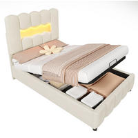 SAMT-POLSTERBETT 90/200 cm mit Bettkasten, LED-Beleuchtung & verstellbarem Kopfteil - Beige, Textil (90/200cm) - BEAOK
