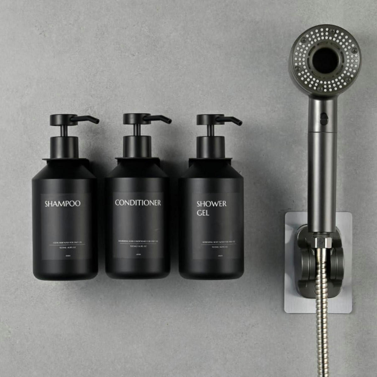 SEIFENSPENDER Set Schwarz 3-teilig 500ml Wandmontage Ohne Bohren - Schwarz, Kunststoff (8/23/20cm)