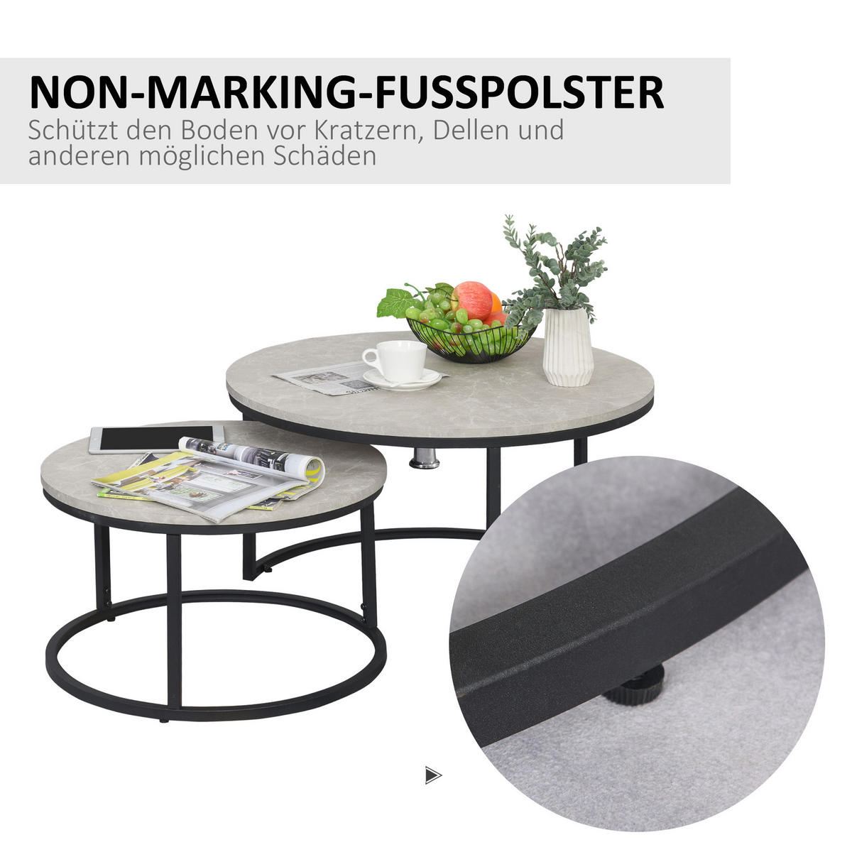 COUCHTISCH 2er-Set, Beistelltisch mit Metallgestell, stapelbar Sofatisch Grau - Hellgrau/Schwarz, Kunststoff (78.5/78.5/46.5cm) - HOMCOM