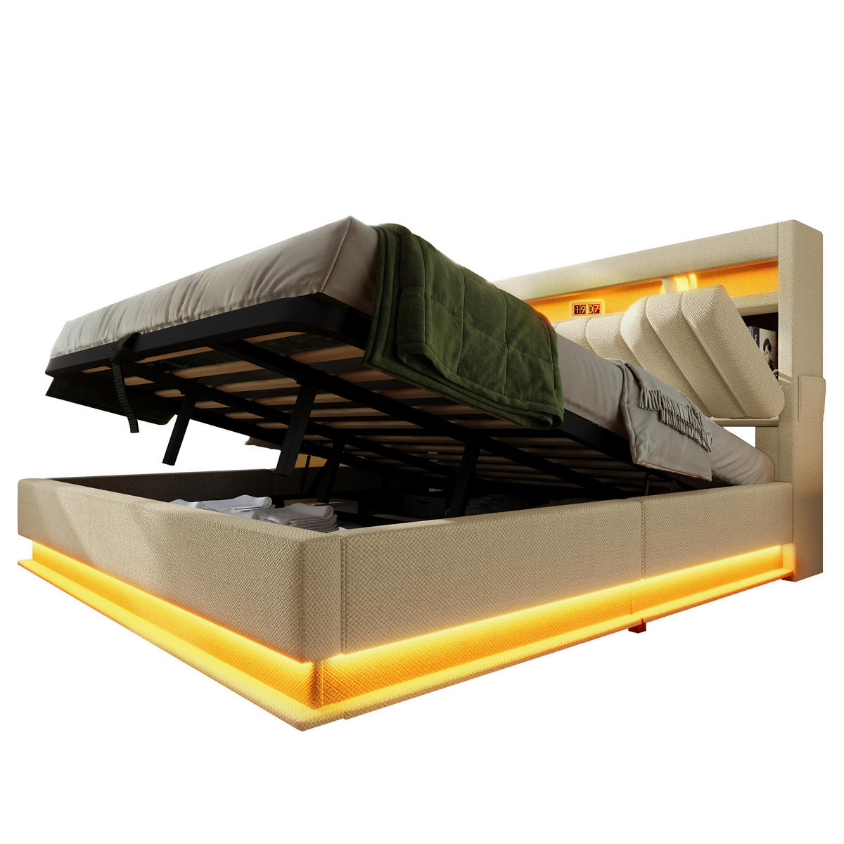 POLSTERBETT 140/200 cm Beige mit Stauraum und LED-Beleuchtung - Beige, Textil (140/200cm) - OKWISH