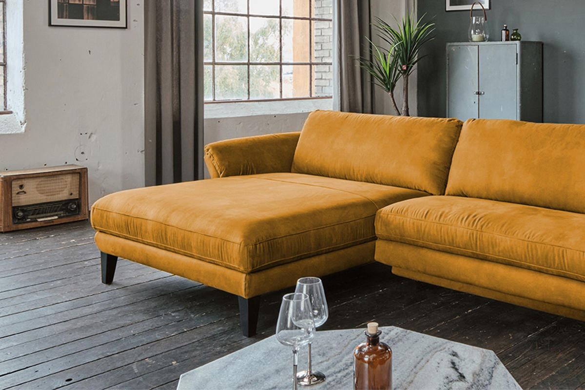 ECKSOFA MALTA Gold Webstoff - Goldfarben/Schwarz, Buchenholz/Textil (302/175cm) - KAWOLA