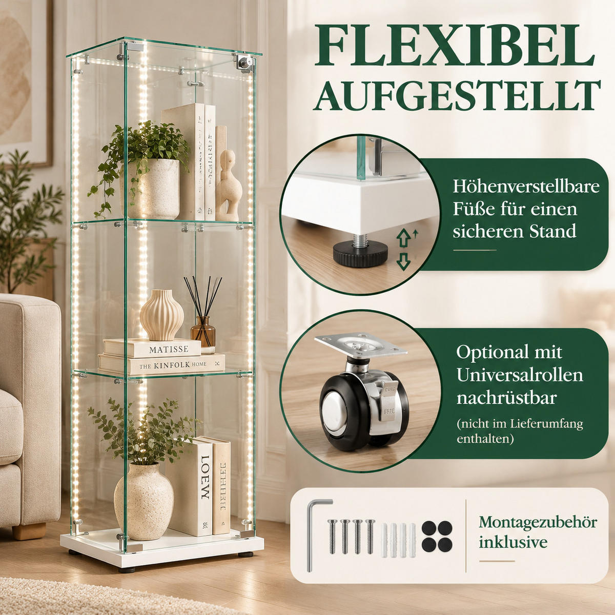 VITRINE mit RGB-Randbeleuchtung, 3-stufig, Weiß - Weiß, Glas (39.8/123.3/35cm) - Joyfair
