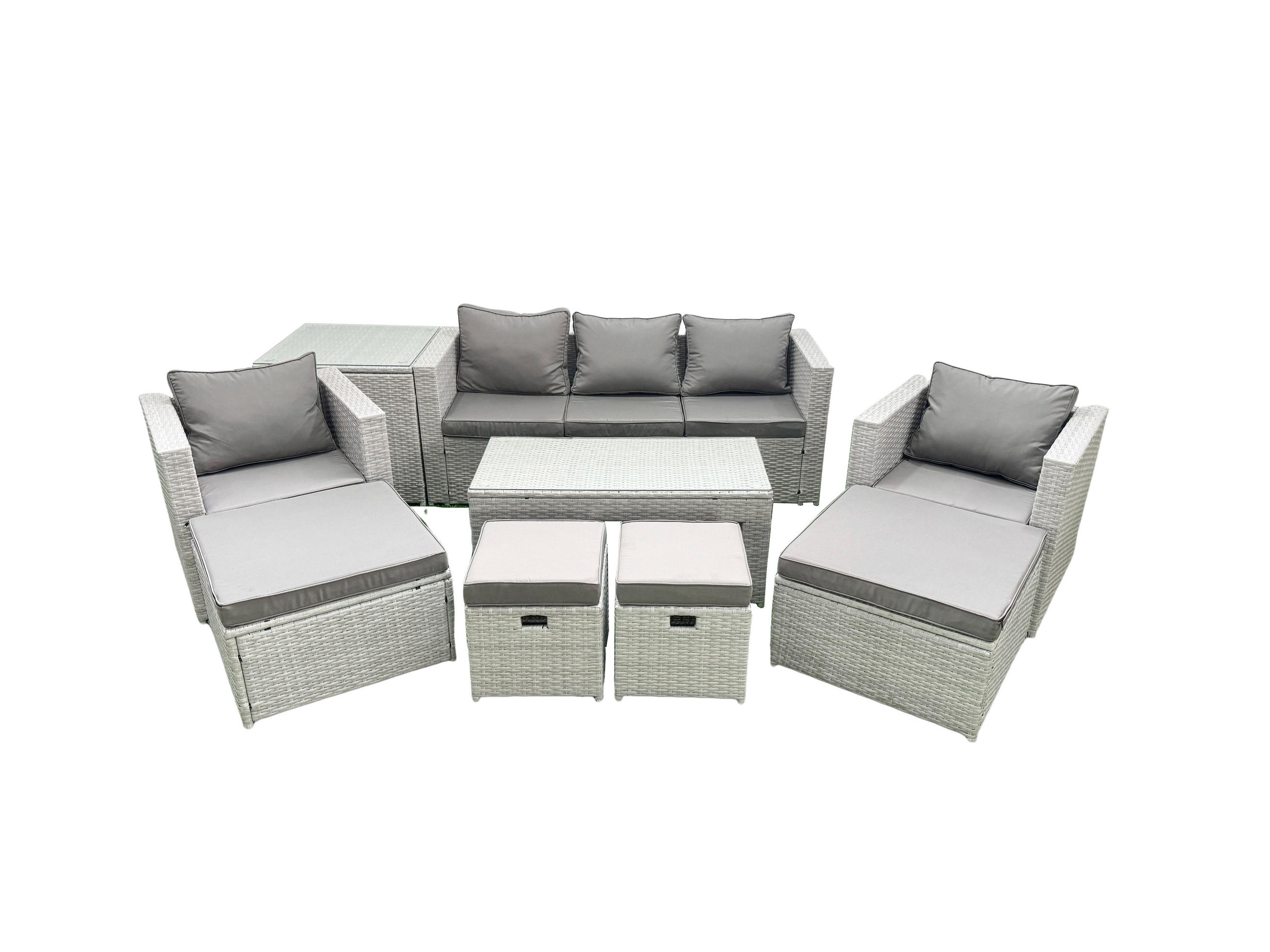 BALKONMÖBEL-SET Polyrattan Hellgrau-Mix 8-teilig - Hellgrau/Grau, Glas/Kunststoff - Fimous