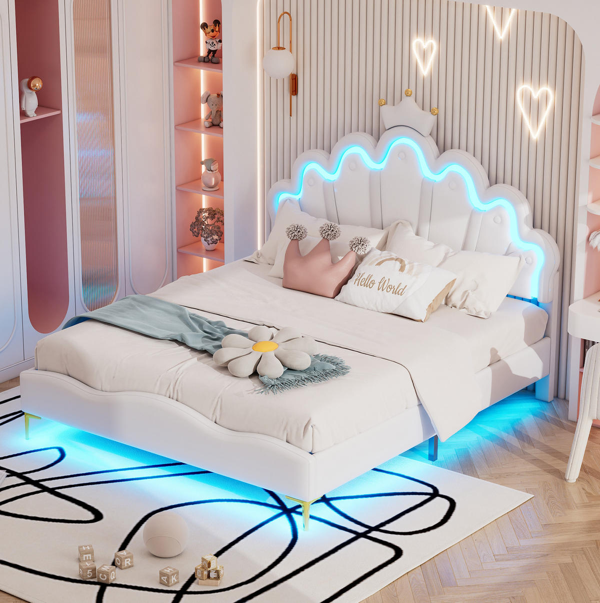KREVET od PU kože, 140/200 cm bijeli, s LED rasvjetom i podesivim uzglavljem - bijela, plastika (140/200cm) - Modenvie