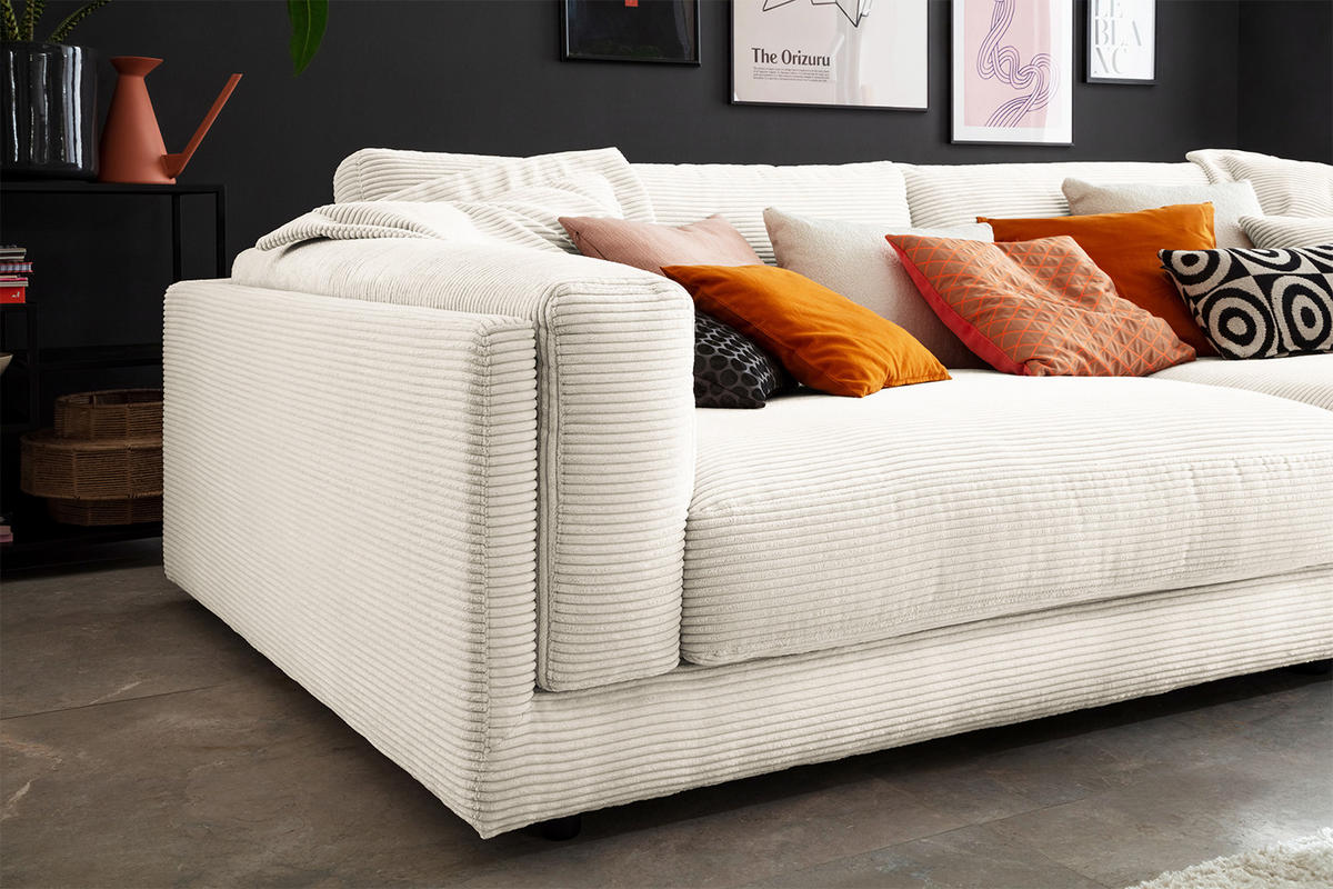 BIG SOFA RAINA Cremeweiß Cord - Creme/Schwarz, Kunststoff/Textil (294/85/150cm) - KAWOLA