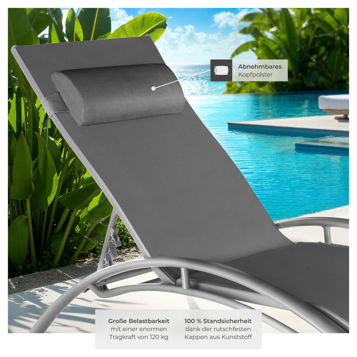 GARTENLIEGE 2er Set Alina,180 x 59 x 50 cm,grau - Grau, Kunststoff (59/81.5/180cm) - tectake