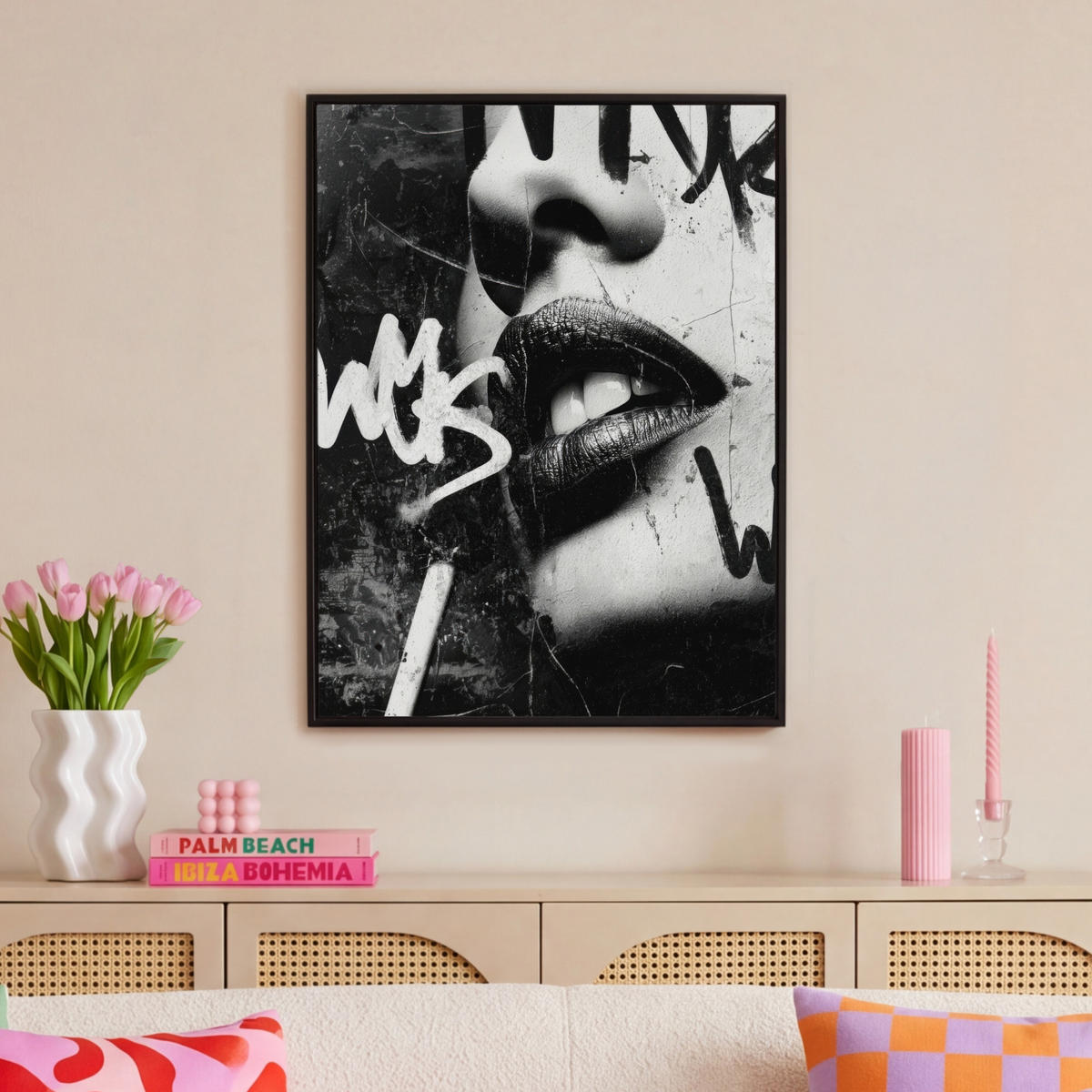 LEINWAND Bilder mit Rahmen - Gesicht - Mund - Graffiti - Schwarz - 70x100 - Schwarz, Textil (70/100cm) - MuchoWow