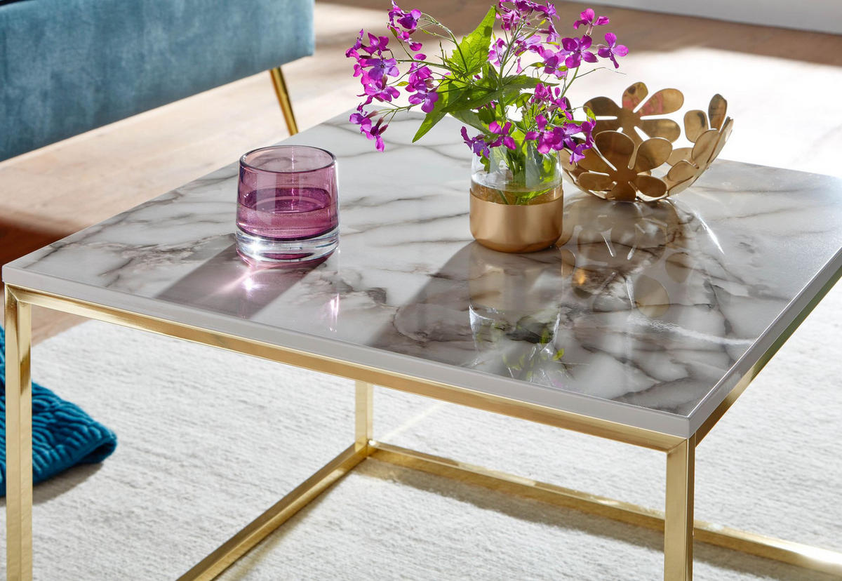 COUCHTISCH quadratisch mit Marmor-Optik, Metallgestell im Industrial-Stil, Weiß 60x60x45 cm - Goldfarben/Weiß, Holz/Metall (60/60/45cm) - KADIMA DESIGN