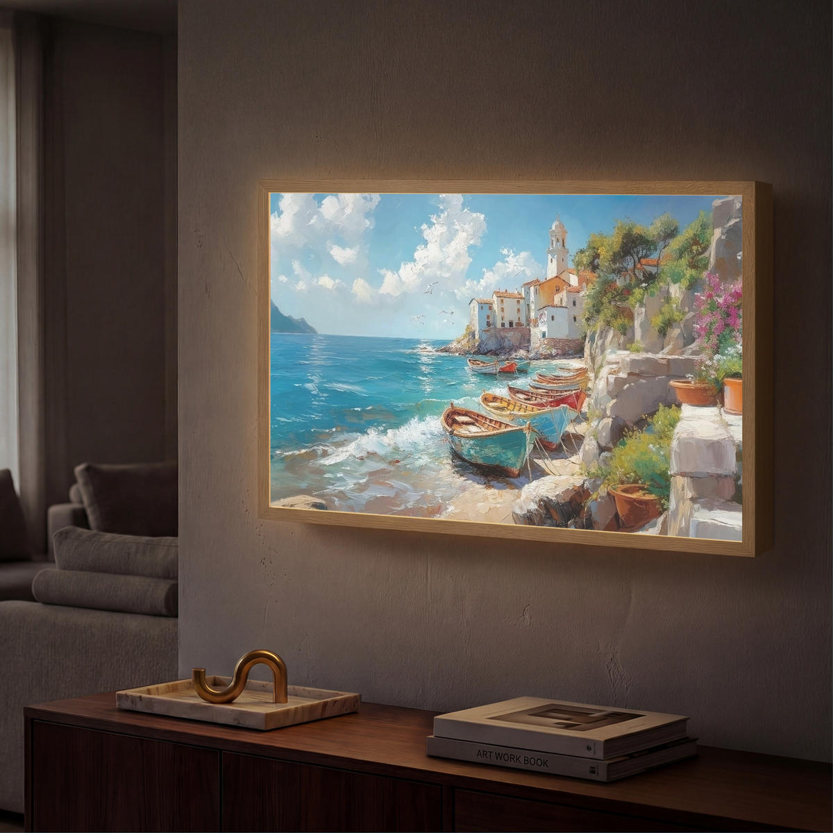 NÁSTĚNNÁ LAMPA S AKUMULÁTOREM Lodě - skály - moře - slunce 60x40 cm - modrá, kompozitní dřevo (60/40/8cm) - OnlyWow