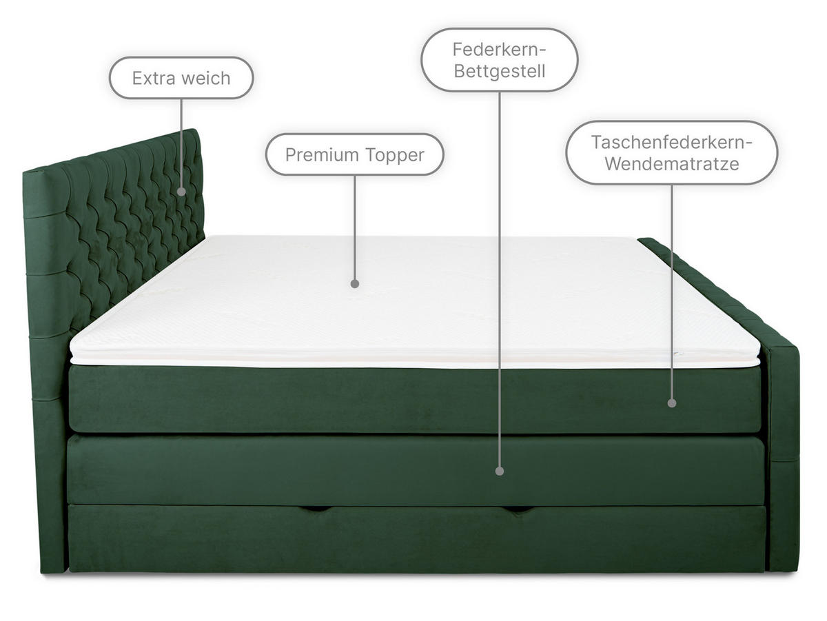 BOXSPRINGBETT Victoria Olive 160 /200 cm H3/H4 Samt - Olivgrün, Textil (160/200cm) - wonello