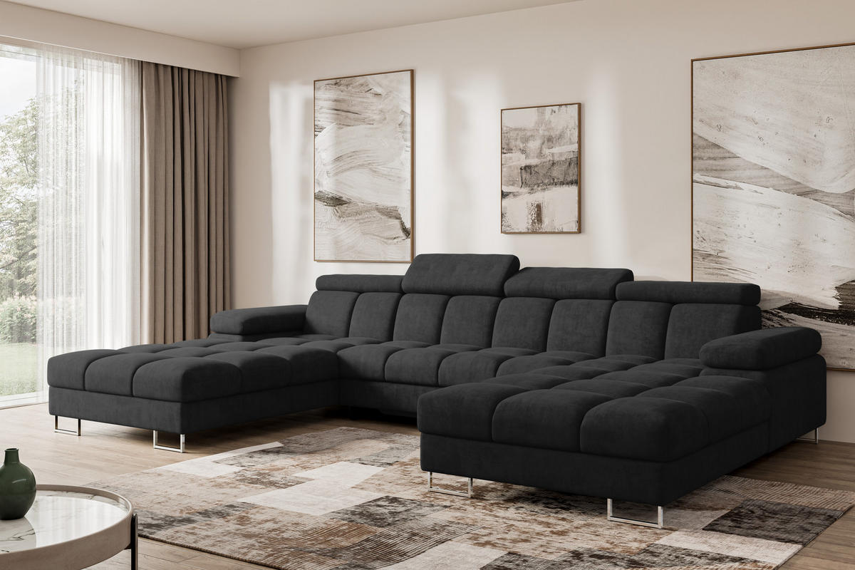 WOHNLANDSCHAFT mit Schlaffunktion und Bettkasten COMA U2 345x203x79 Schwarz Velours - Schwarz, Holzwerkstoff/Textil (345/79/203cm) - ALTDECOR