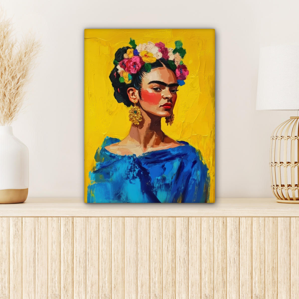 LEINWANDBILD Frida Kahlo - Frau - Gelb - Blau - Blumen 30x40 cm - Gelb, Textil (30/40cm) - MuchoWow
